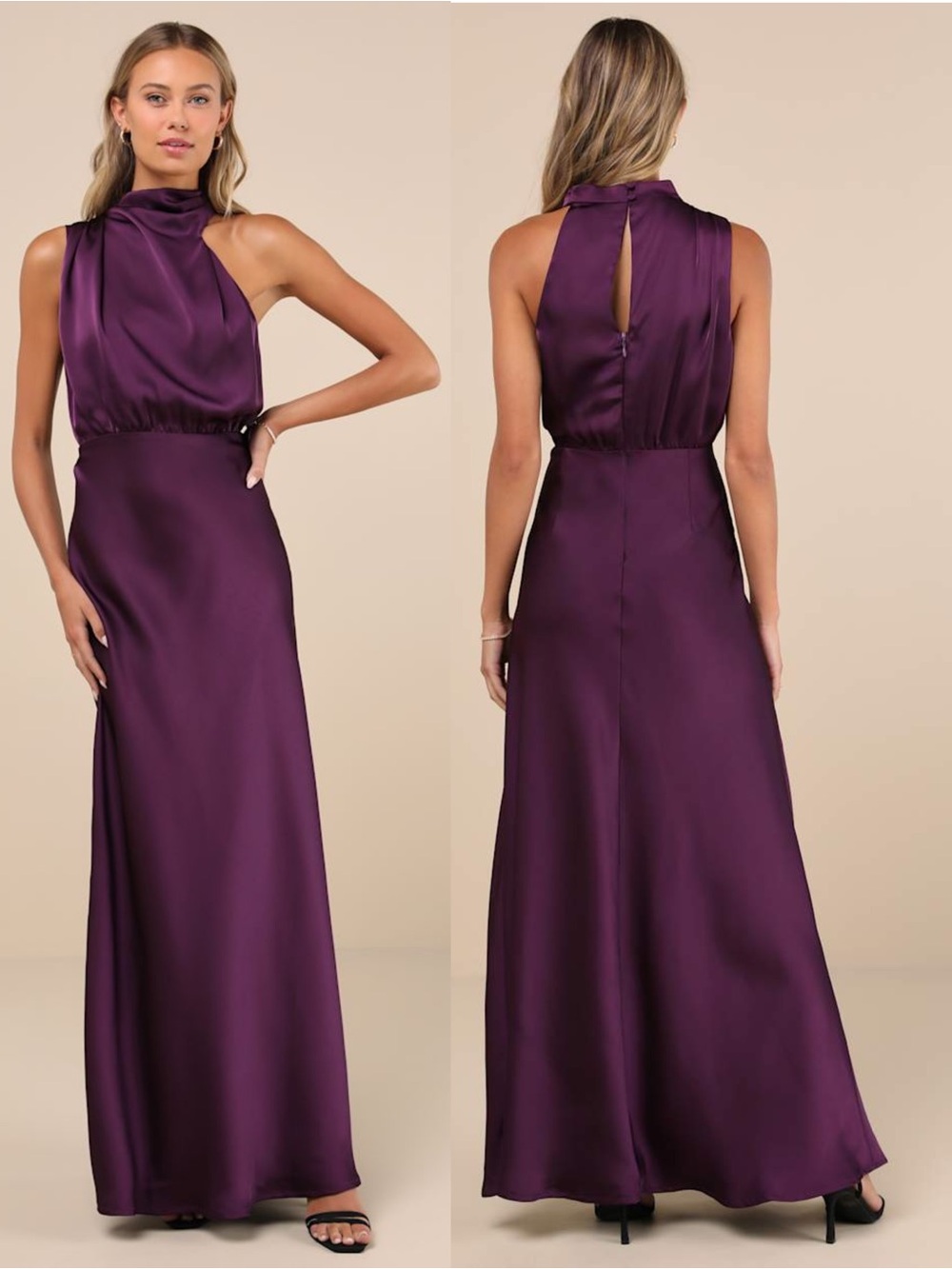 LULUS Satin Asymmetric Halter High Neck Formal Dark Romance Wedding Guest Gown L